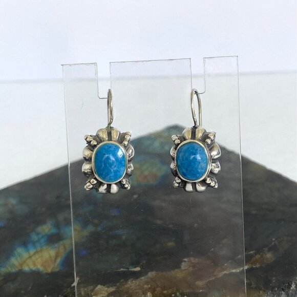 Sterling Silver 925 Thai Oval Bezel Set Denim Lapis Dangle Drop Earrings - Picture 15 of 16